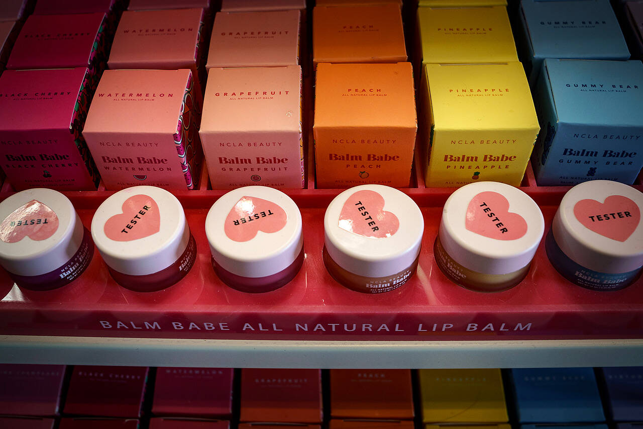 Lip products at Bandbox Beauty Supply do not contain petroleum jelly, a byproduct of the oil industry and a common ingredient in cosmetics. (Photo by David Welton)