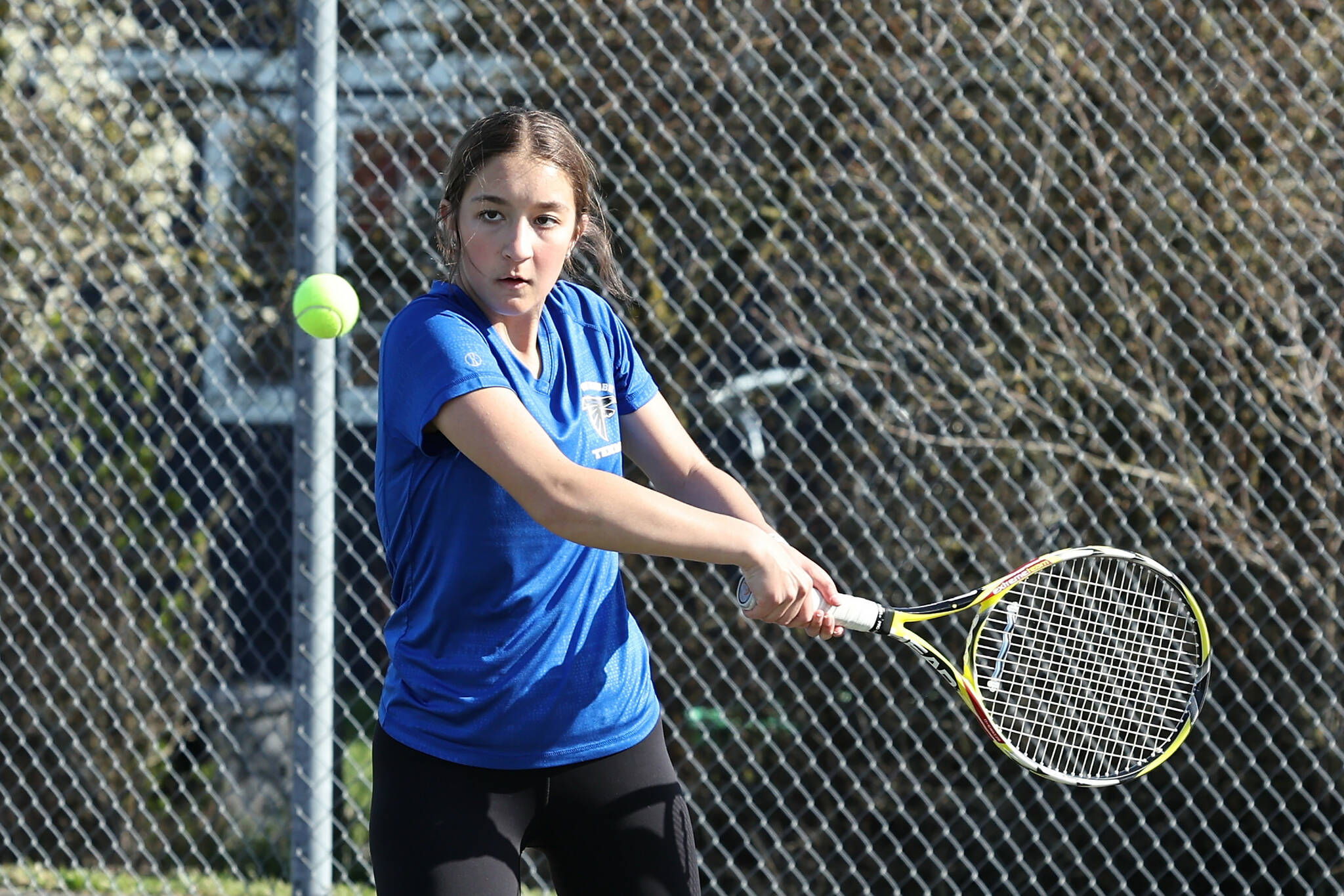 Photo by John Fisken
Junior Mikaela Nelson played 1st doubles with fellow junior Pearl Buck and won 6-2, 6-1.