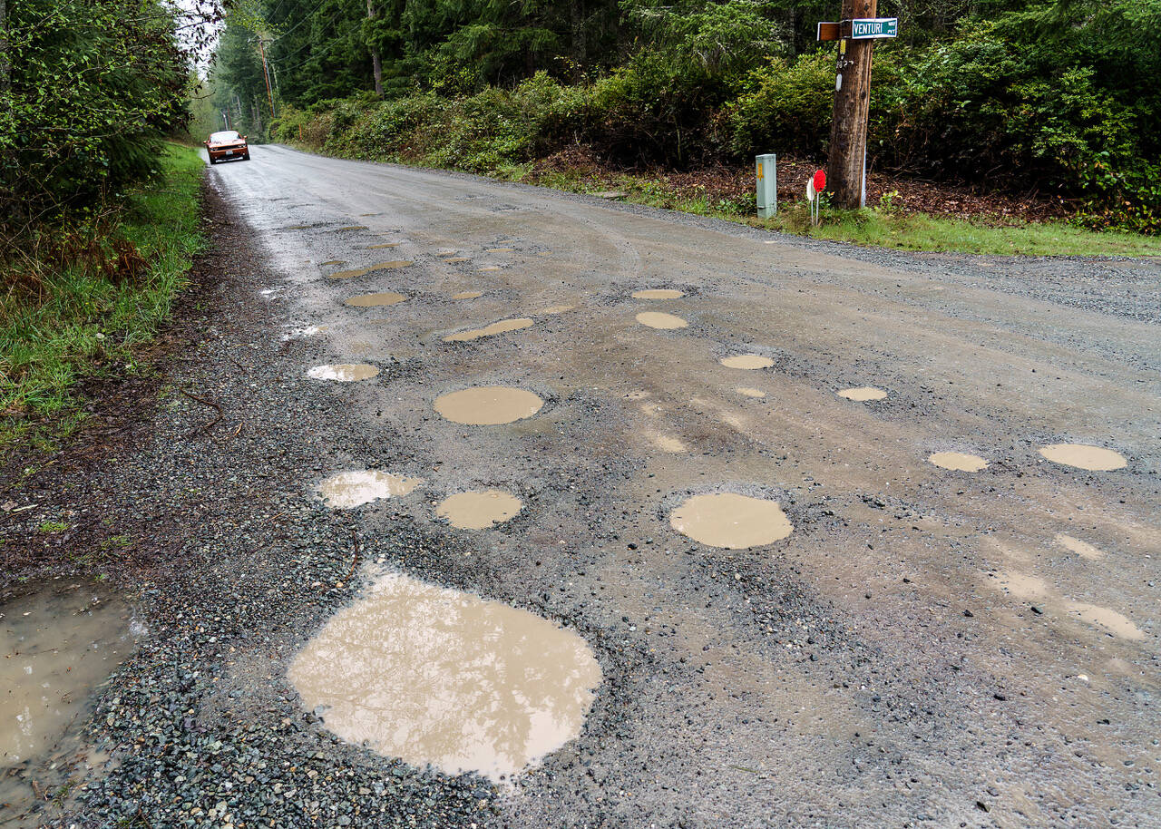An unpaved section of Crawford Road is marred with potholes even with regular maintenance. (Photo by David Welton)