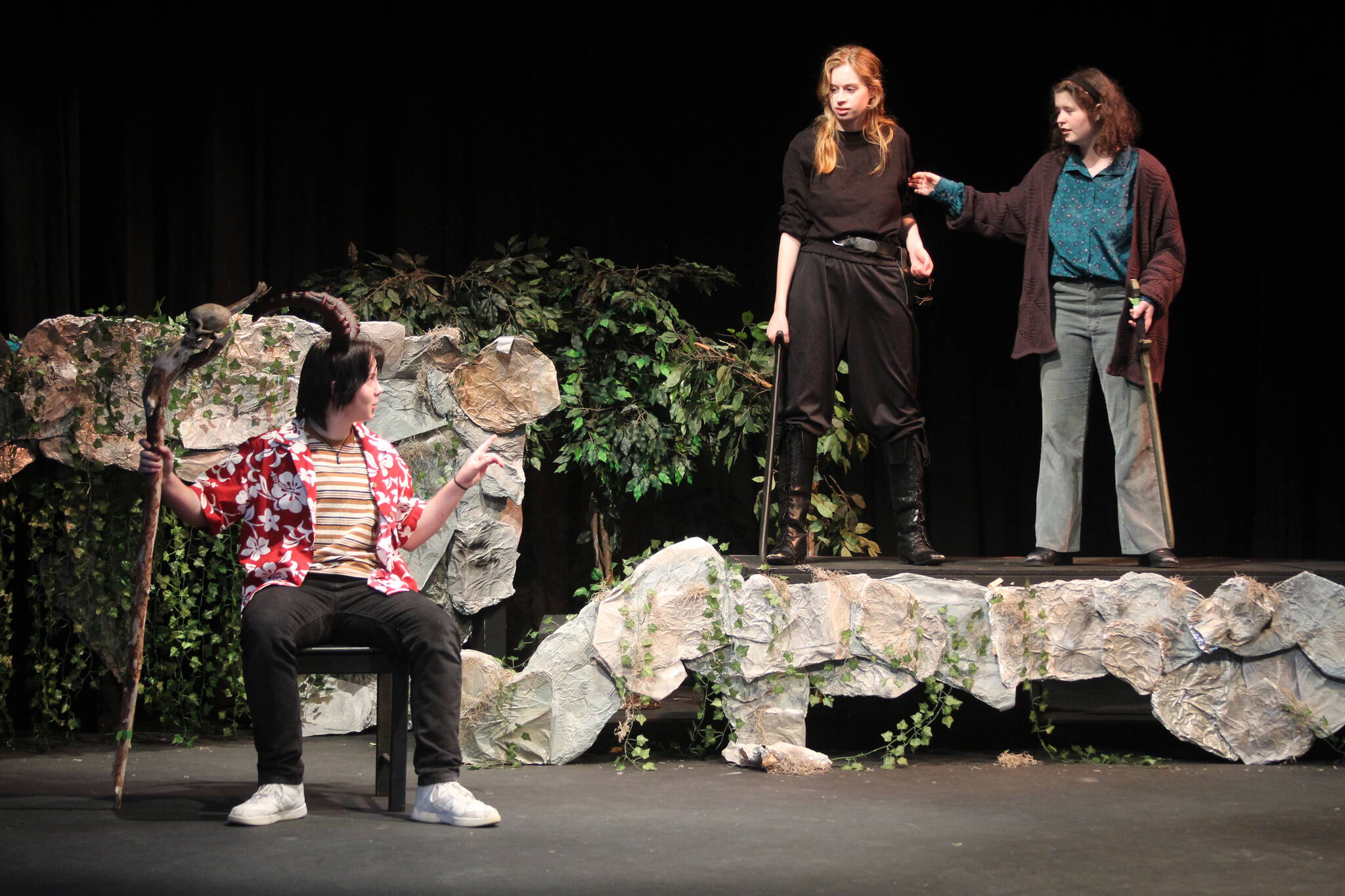 Photo by Karina Andrew/Whidbey News-Times
From left, Milo Socha, Wynter Arndt and Birdie Sinclair rehearse a scene from “She Kills Monsters.”