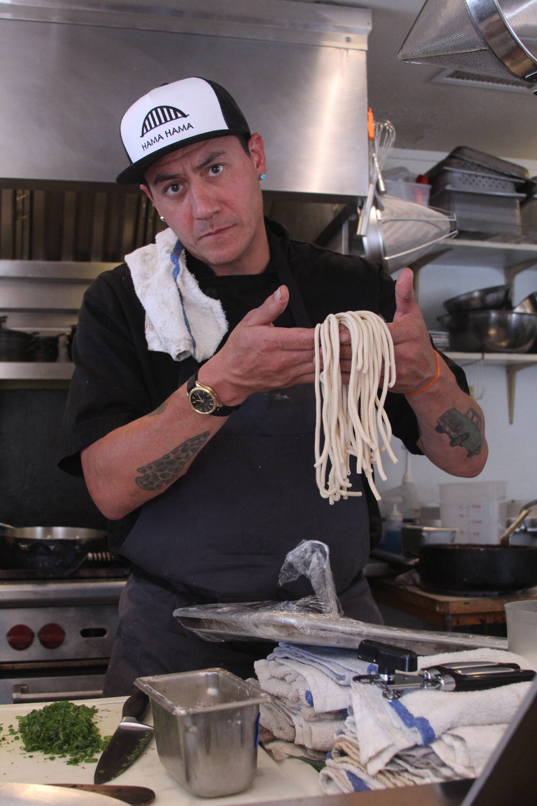 Photo by Karina Andrew/Whidbey News-Times
Jones shows off pasta made from scratch.
