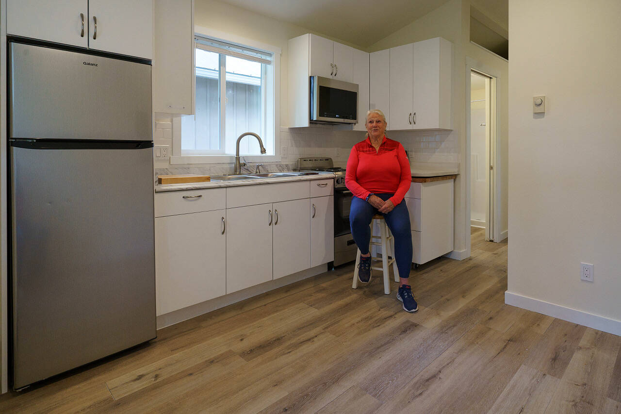 Hedlund sits in kitchen of a tiny house.