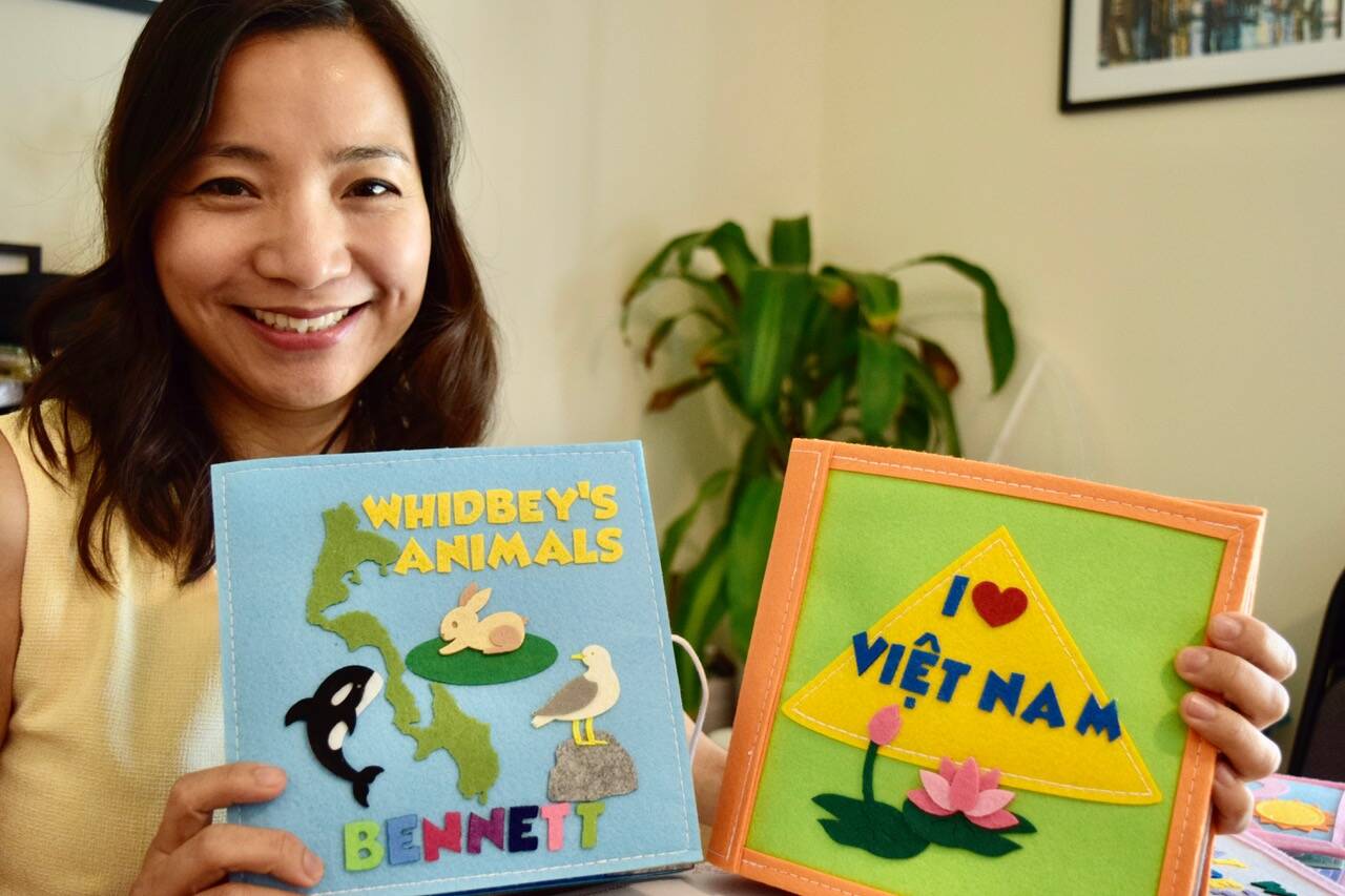 Photos by Patricia Guthrie
Originally from Vietnam, Hải Anh Vũ’s line of handmade felt books teach kids about cultural diversity, local animals and basic skills, recommended for ages 6 months to 5 years. Her books are for sale at Whidbey gift shops and online. She and her husband moved to Whidbey in 2020 to raise their two daughters.