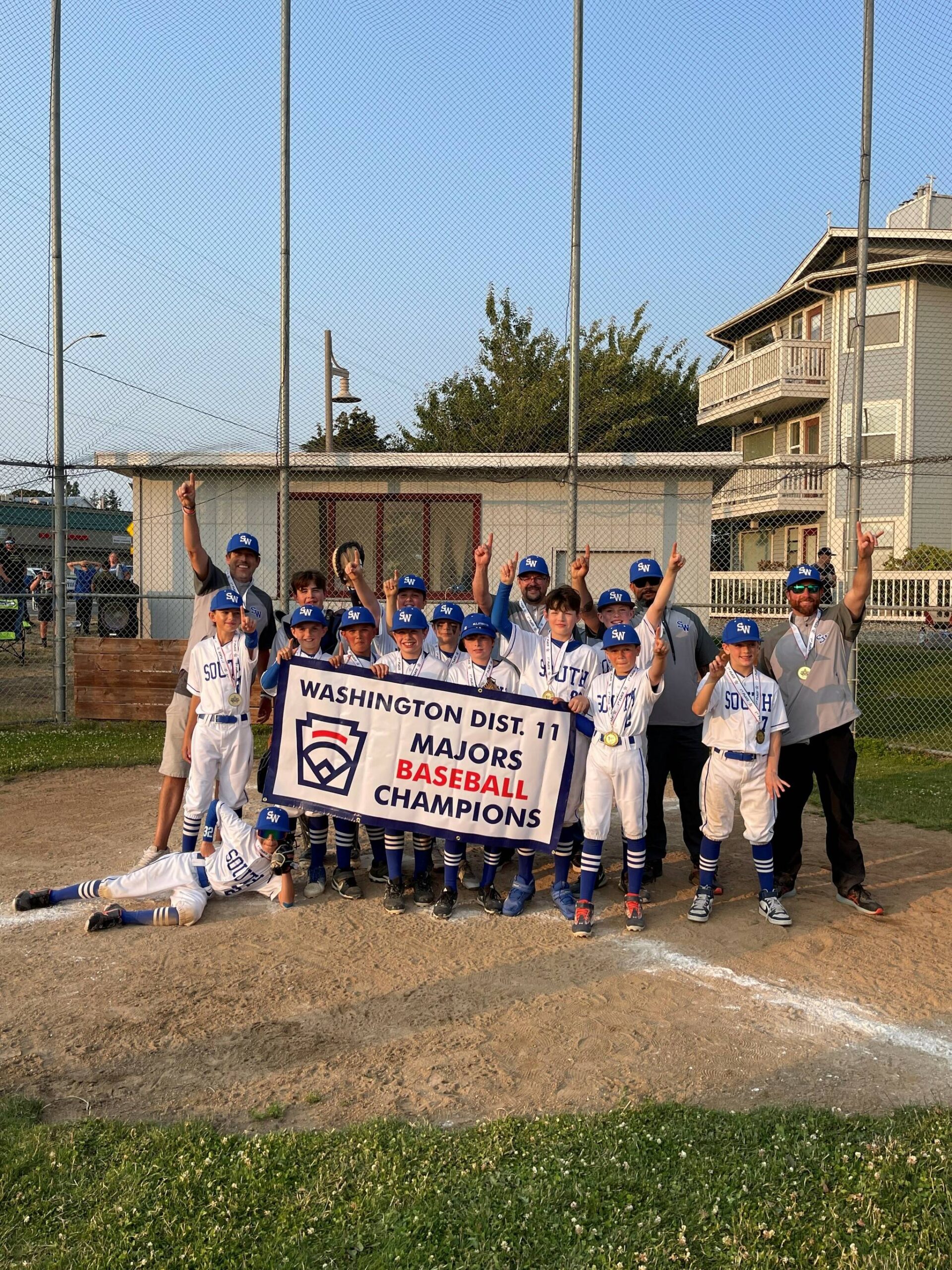 Members of the South Whidbey Little League Majors Allstars Team celebrated their win in the district championship last week. (Photo provided)