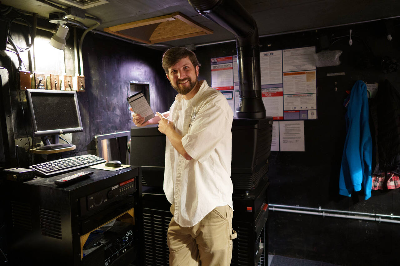 Brook Willeford holds up an external hard drive containing “Indiana Jones and the Dial of Destiny.” The majority of movies shown at The Clyde these days come in this form.