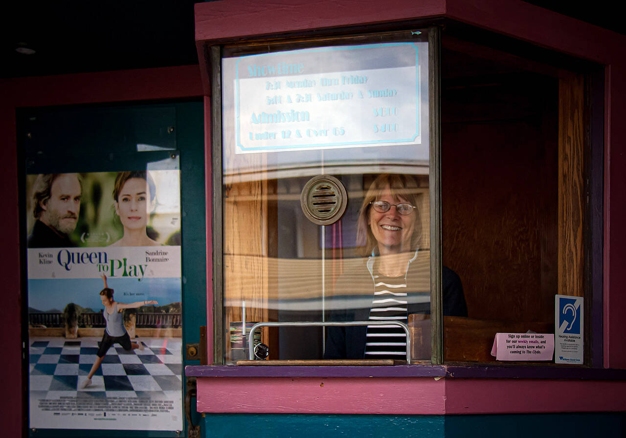 The late Lynn Willeford, the heart of The Clyde Theatre, in the ticket booth in 2011.