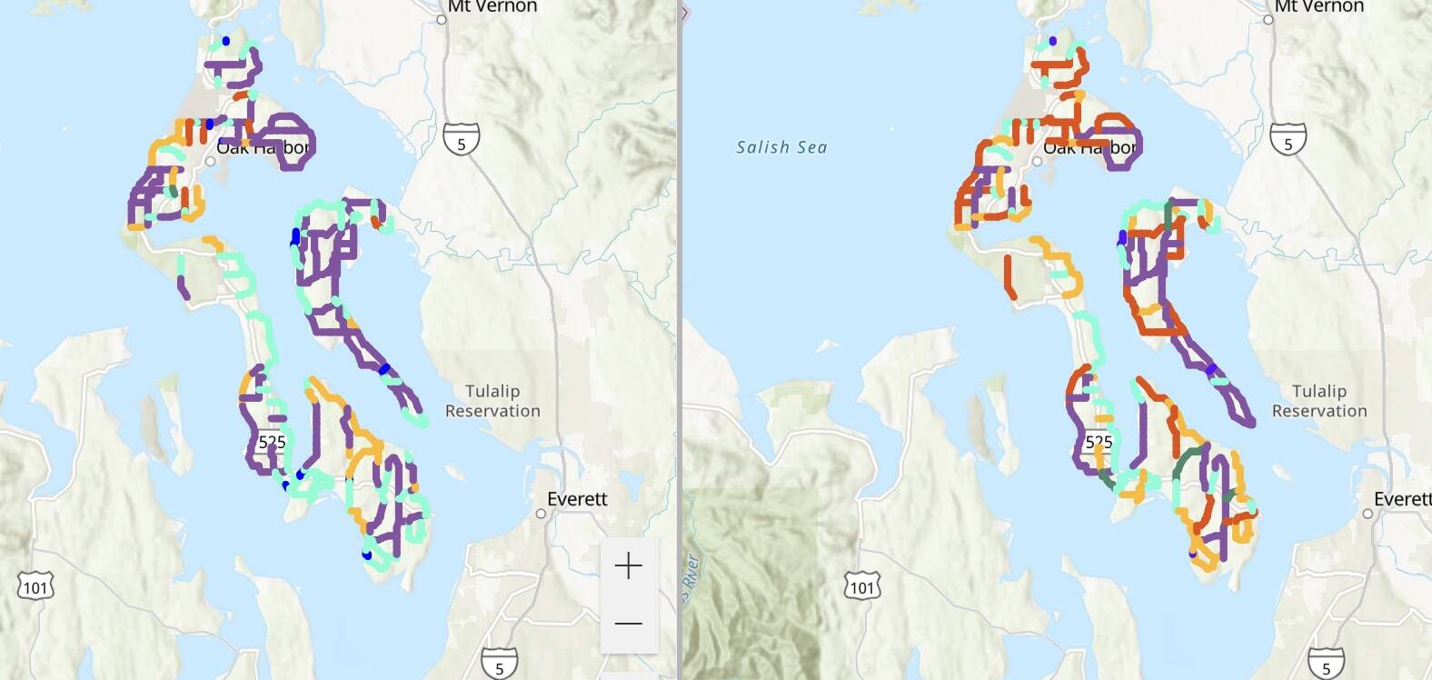 The Island County maps show the existing speed limits, to the left, and the proposed speed limits. Dark blue is 25 mph, green is 30 mph, turquoise is 35 mph, orange is 40 mph, red is 45 mph and purple is 50 mph.