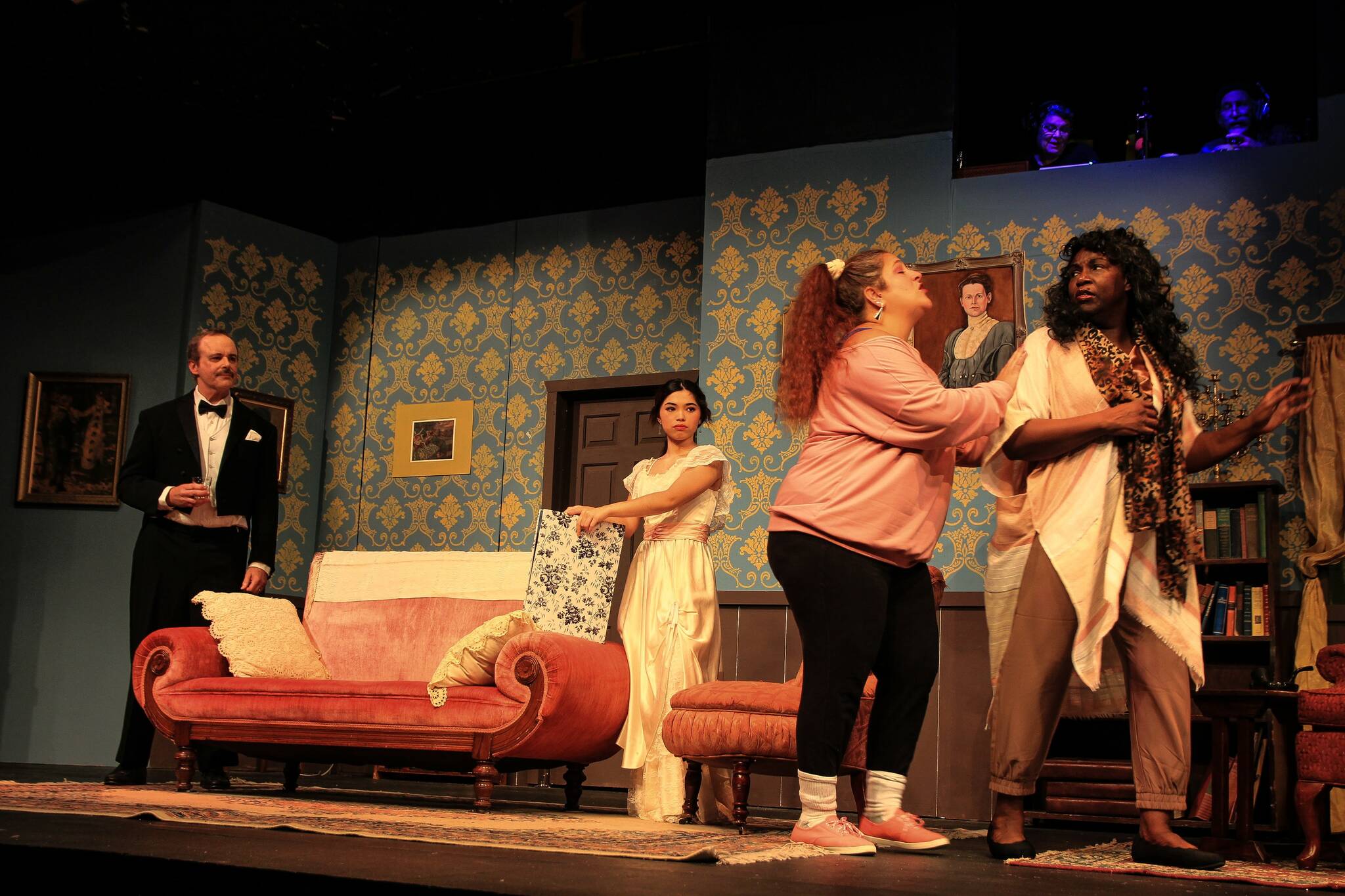 Director Gerry Dunbar (played by Shealyn Christie) has had enough of Phyllis Montague (played by Allenda Jenkins) and kicks her off the stage. (Photo by Luisa Loi/Whidbey News-Times)