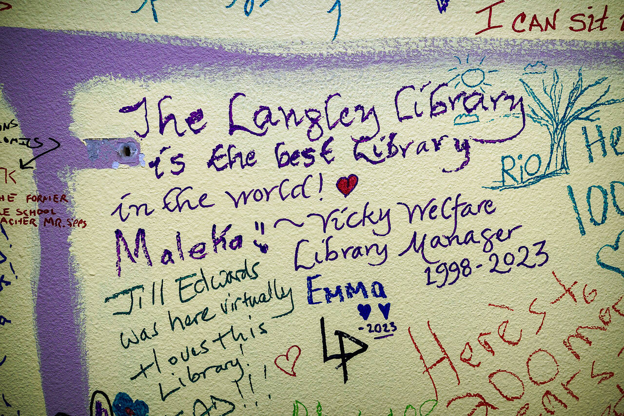 A note from former longtime Langley Library Manger Vicky Welfare is visible on the wall. (Photo by David Welton)