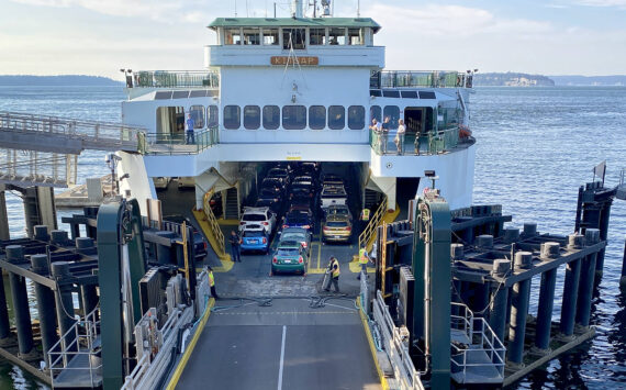 The Kitsap prepares to make a crossing from Mukilteo to Clinton on July 28. (Sue Misao / Herald file)