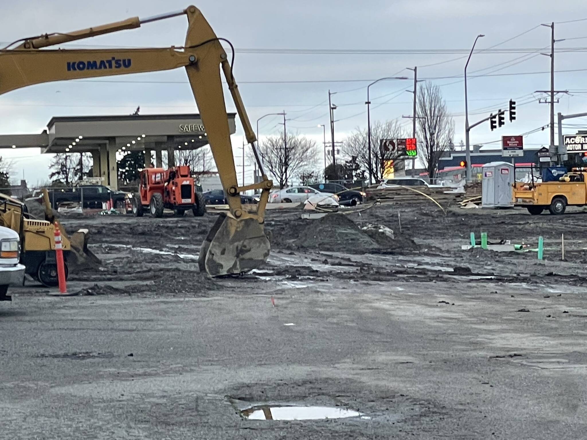 Construction continues on the Oak Harbor site of a future Sonic, coffee shop and car wash.