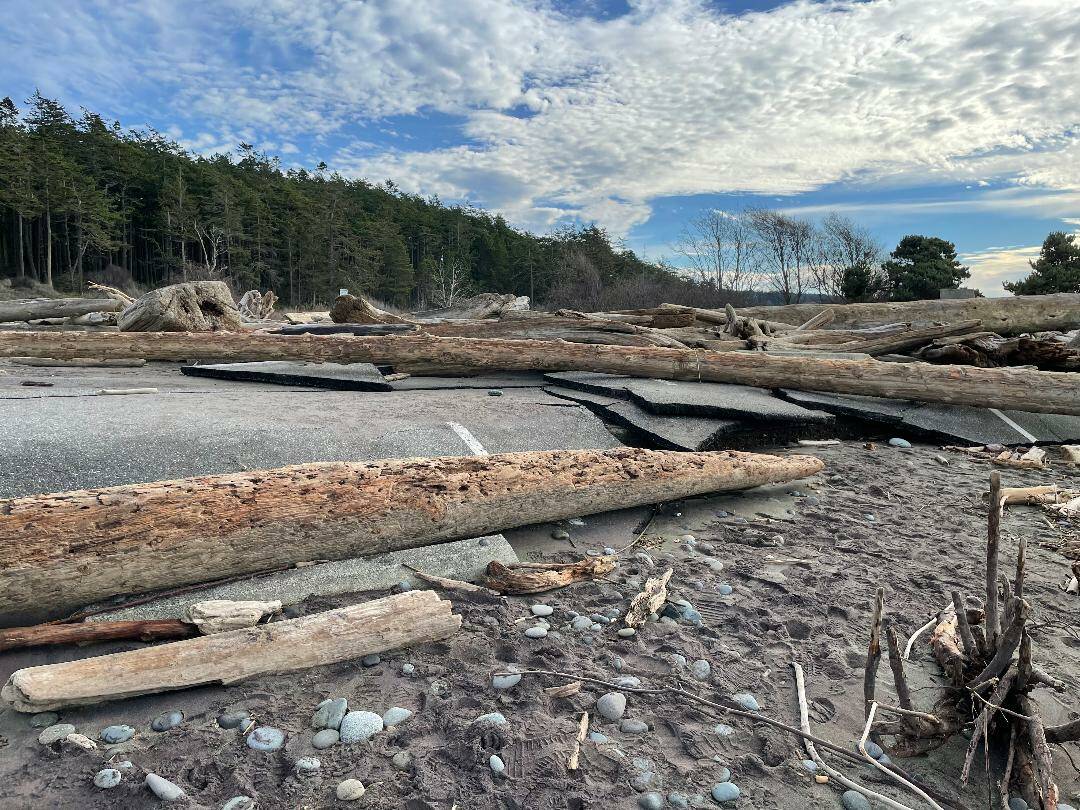 Drifwood logs cover a parking lot at Deception Pass State Park. (Photo by Thomas Kosloske)