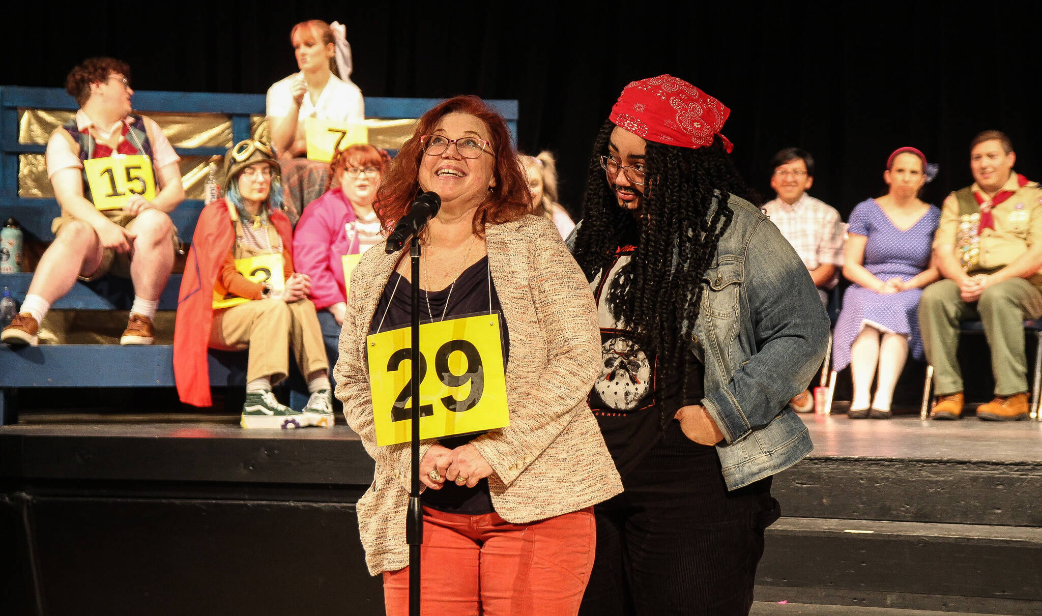 Micki Gibson, at left, was the lucky audience member to be picked at the show’s press night. At right, Grace Jones, who played Mitch Mahoney, a comfort counselor. (Photo by Luisa Loi)