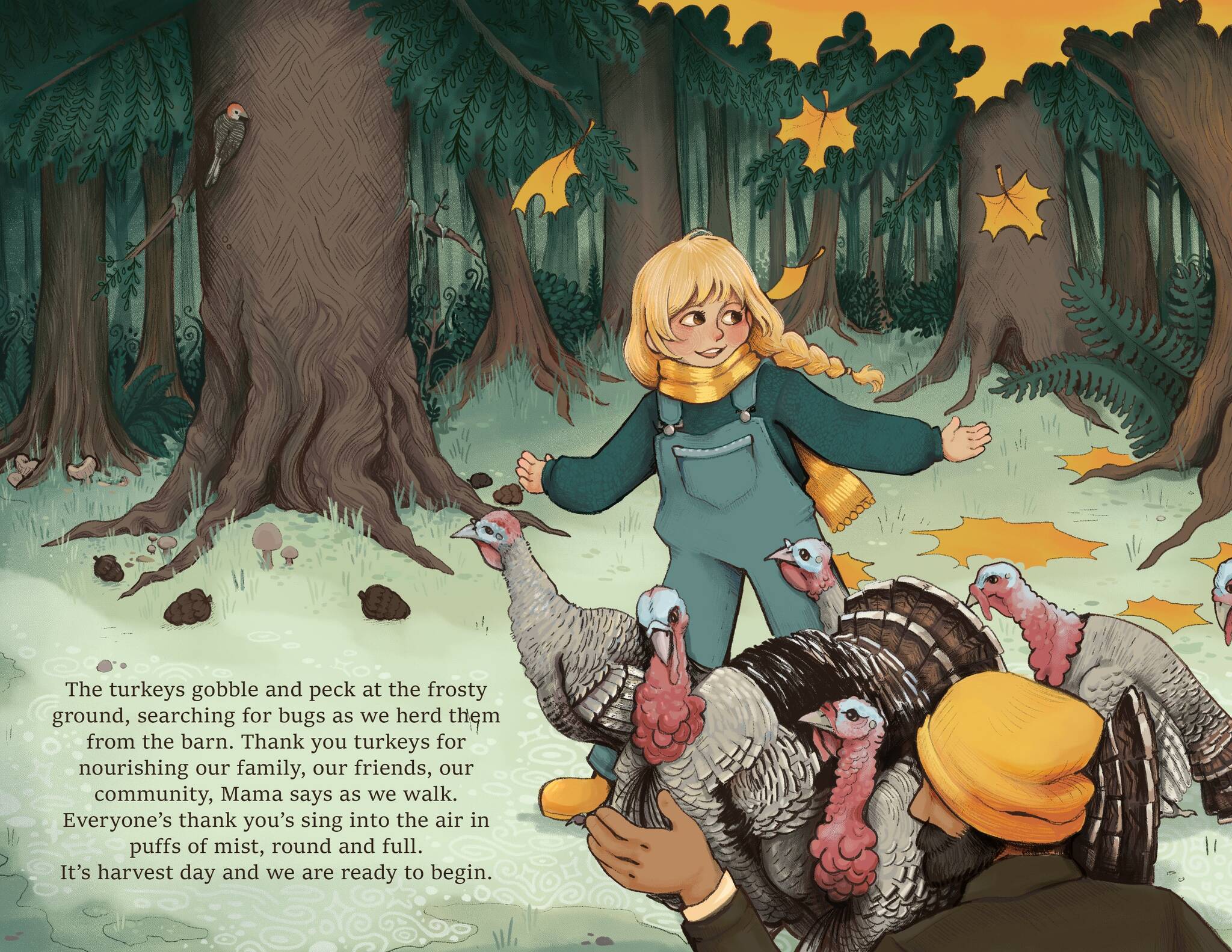 “Thankful Harvest” explores the circle of life on a farm where regenerative agricultural practices are used and animals are raised with care. (Illustration by Heather Talley)