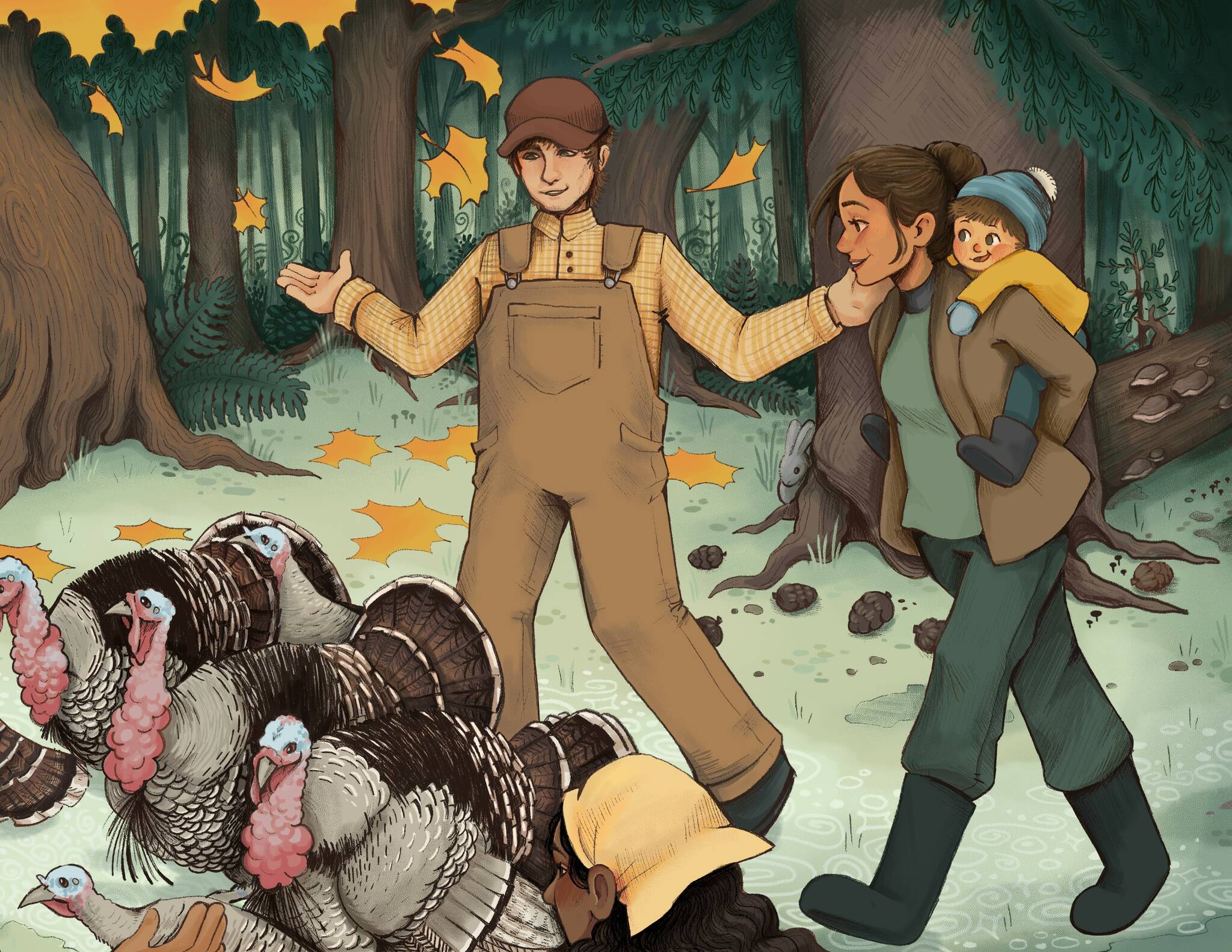In “Thankful Harvest,” a family prepares to harvest a flock of turkeys on their farm. (Illustration by Heather Talley)