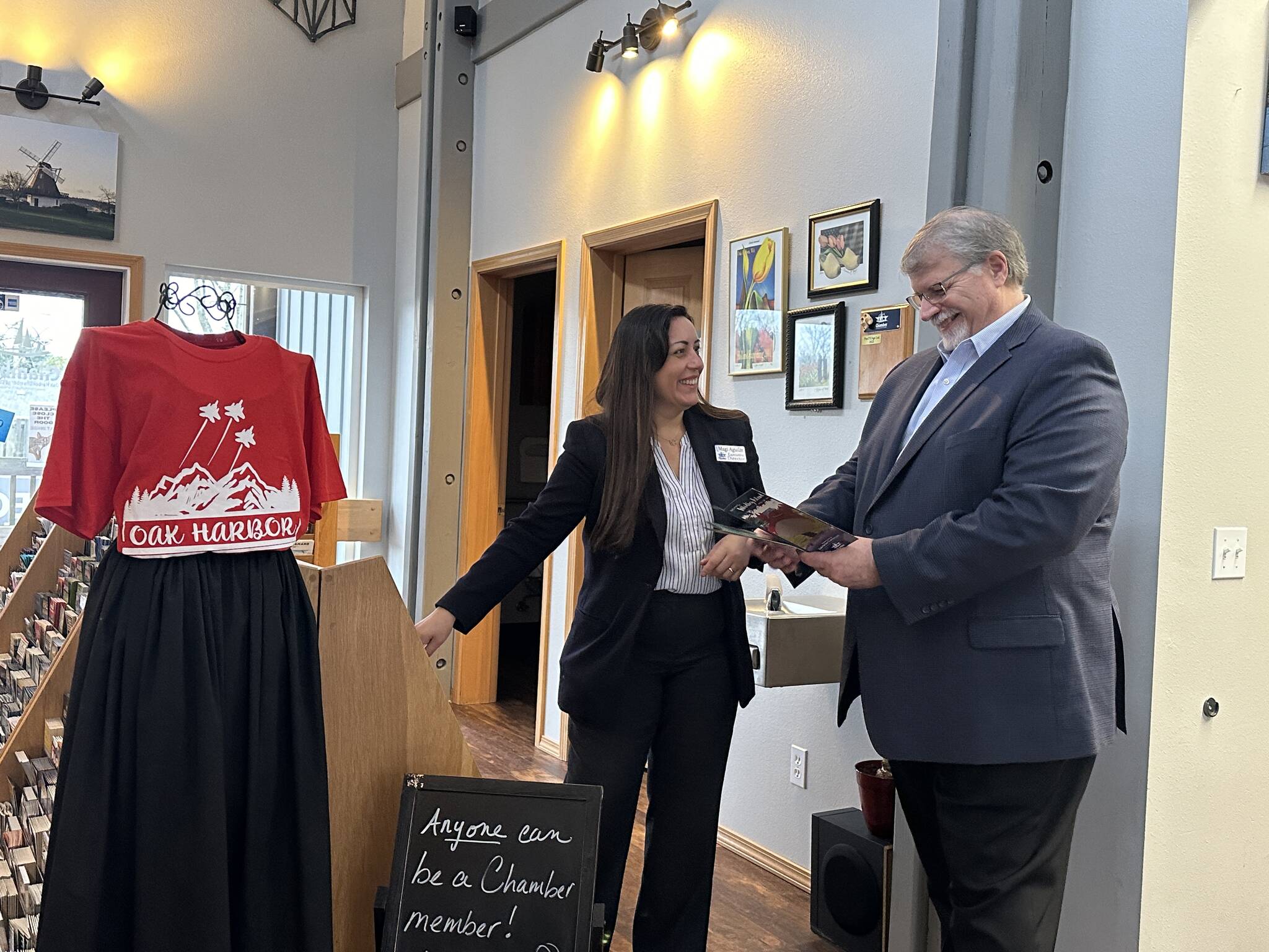 Oak Harbor Chamber of Commerce Executive Director Magi Aguilar (left) and Economic Development Coordinator Steve McCaslin (right) meeting businesses in downtown Oak Harbor. (Photo courtesy of the City of Oak Harbor)