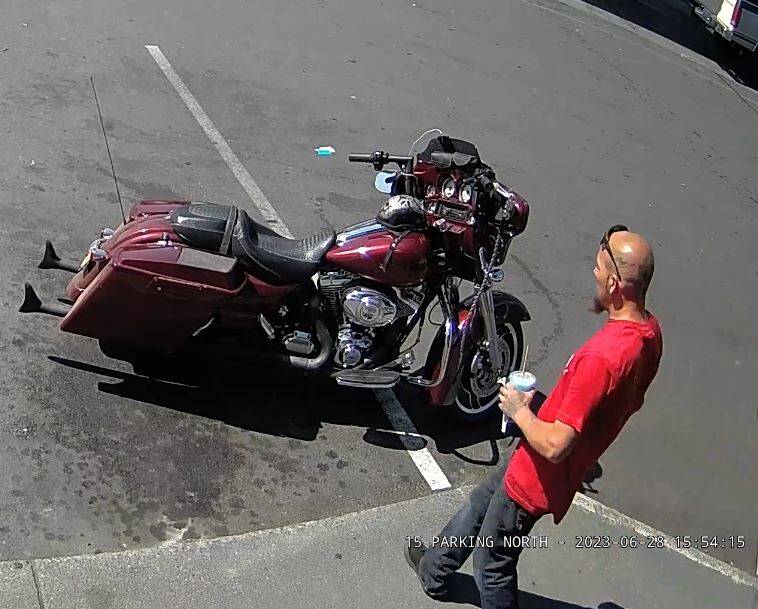 Surveillance footage of an Oak Harbor subject who was identified by police after he used a stolen credit card to put gas into his also-stolen motorcycle. (Photo courtesy of the Oak Harbor Police Department)