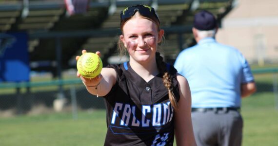 Photo courtesy Keasha Campbell
South Whidbey eighth grader Lena Heggenes shows off her home run ball she hit during a game March 16 against Evergreen of Seattle. South Whidbey won 14-2.