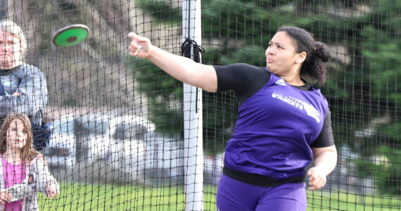 Oak Harbor kicked off the track season March 13 hosting Mount Vernon. The Wildcats’ season continues April 6 when the boys and girls teams travel to Bellingham to compete in the Birger Solberg Invitational. (Photo by John Fisken)
Olivia Hudson throws a discus far. (Photo by John Fisken)