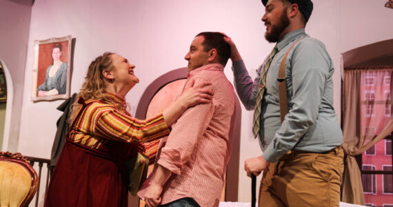 Photo by Luisa Loi
Grief Counselor Sally Chessington (played by Amy Jones) shouts at Norman (Chris Kehoe) after Eric (Wesley Moran, at right) told her he’s deaf.