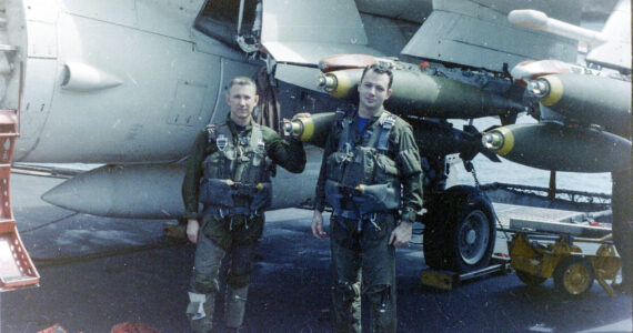 Capt. Dave Williams (right) poses with another pilot. (Photo provided)