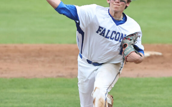 Photo by John Fisken
South Whidbey pitcher Grady Davis throws during a game against Kings. South Whidbey’s baseball team qualified for the 1A district 1 and 2 tournament. The Falcons play Meridian Saturday at Joe Martin Stadium.