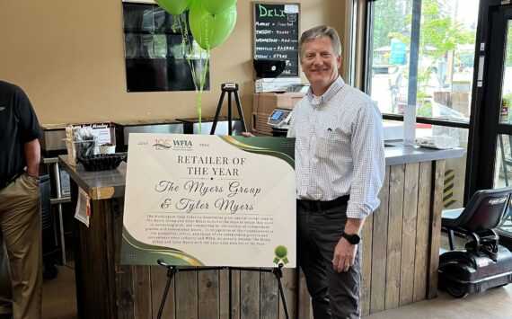 Photo provided by WFIA
Tyler Myers, president and CEO of the Myers Group, celebrates his selection as the WFIA 2023-24 Retailer of the Year. The award was presented at a surprise ceremony held May 13 at the Goose.