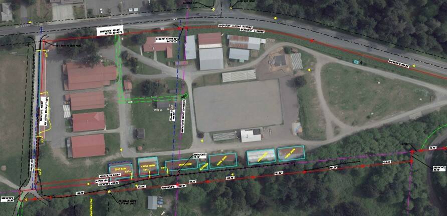 This map of the Whidbey Island Fairgrounds shows the Port of South Whidbeys boundaries, outlined in red. Concession stands, at far left, are not fully on the property.