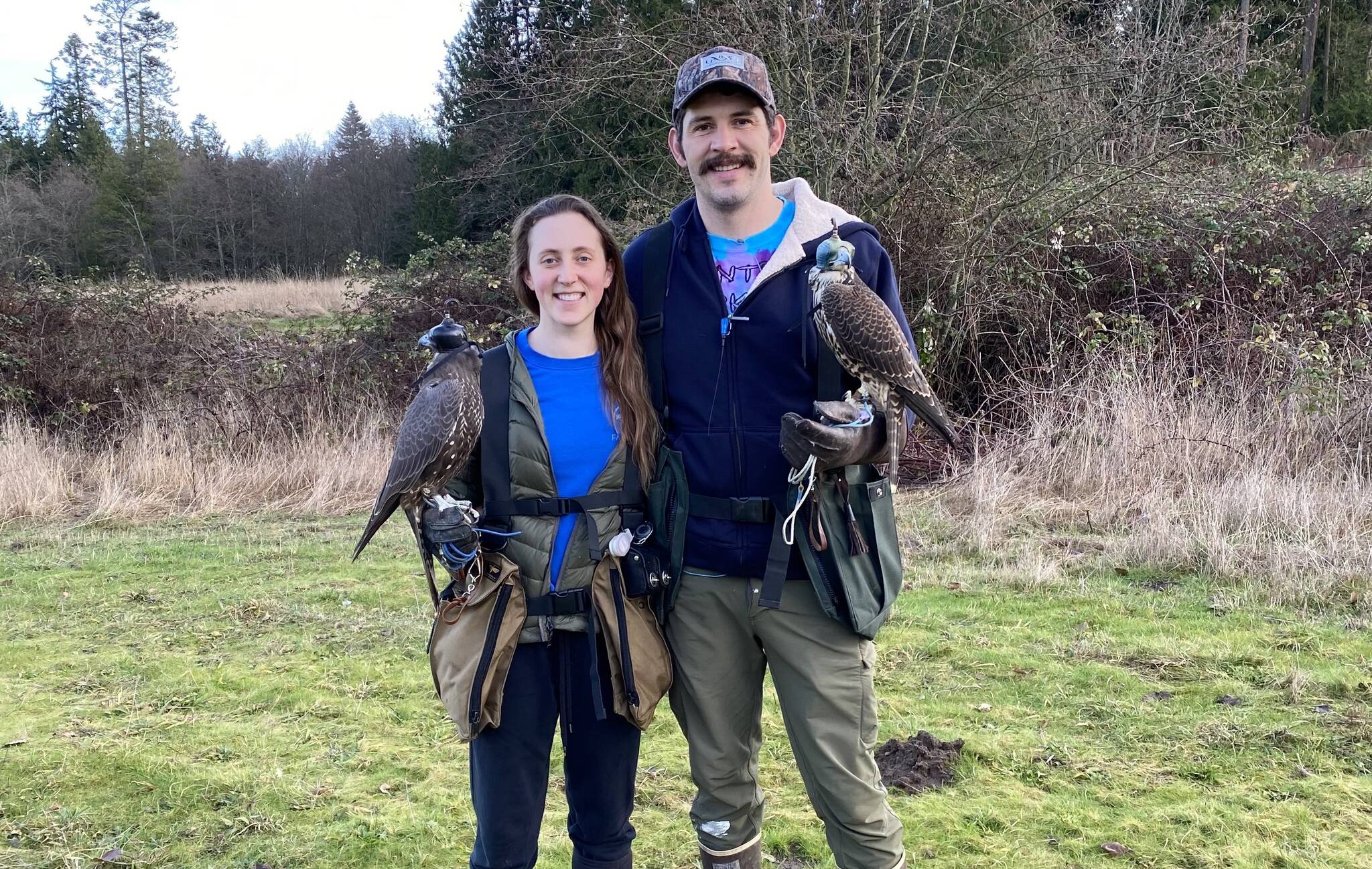 (Photo provided)
Bethany and Justin Rondeaux hold their falcons, Griffin and Sky.