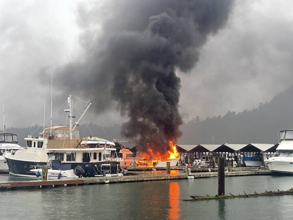 (Photo by Emily Gilbert)
A 34-foot Bayliner was destroyed in a fire on Tuesday, prompting a large fire response that involved first responders from North Whidbey and the mainland.