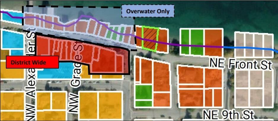 Narrow code revisions would only have affected over-water buildings in the Historic Commercial Center Zone, highlighted in light blue here. Photo by Joshua Engelbrecht.