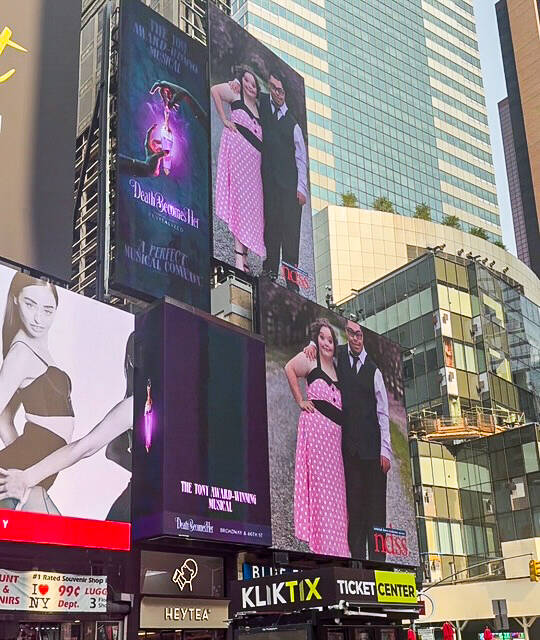 Zoe Thompson, a 21-year-old Freeland resident, was featured with her boyfriend Darrius Jinkins on the National Down Syndrome Societys billboard in Times Square last Saturday. The couple, who have been together for six years, chose a photo from prom.