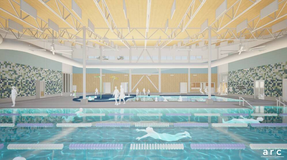 Concept image provided by South Whidbey Parks and Recreation District. The view of the natatorium, which includes a lap pool, lazy river and kids pool.