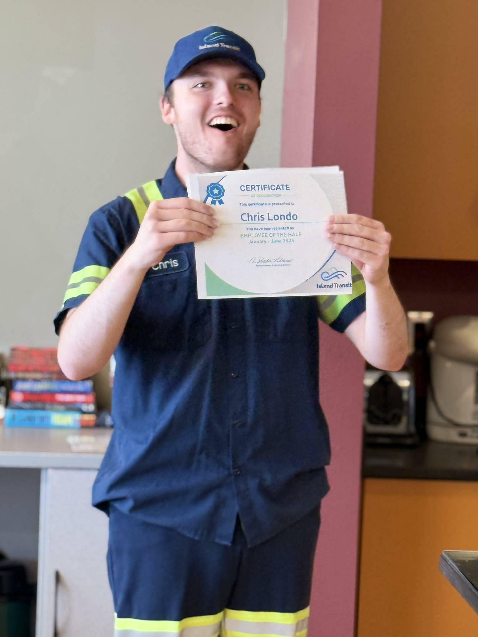 As the transit teams treasured custodian, Londo was awarded the Employee of the Half, which celebrates Island Transit employees who have been exceptional in their work.