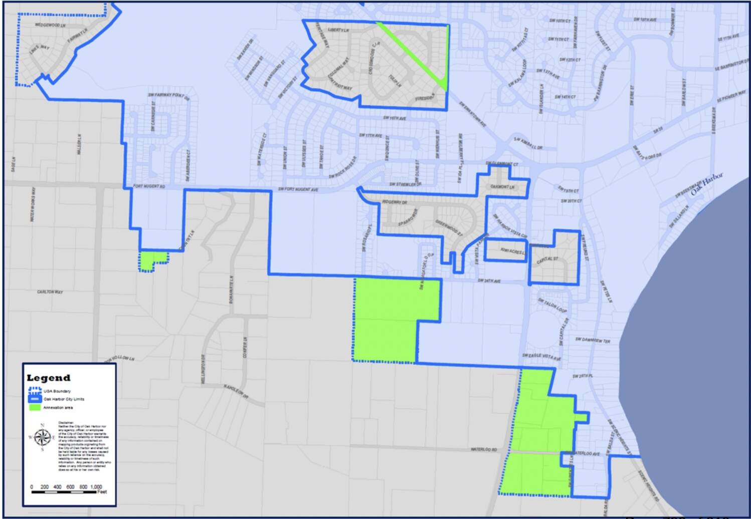 A graphic from the city of Oak Harbor shows areas in green that may be annex into the city.