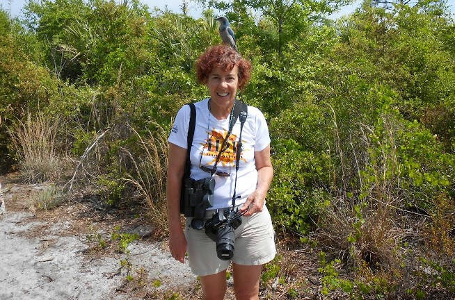 Photo provided. Peggy Shashy, a retired veterinarian, smiles with a wild Florida Scrub Jay on her head.