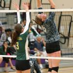 Hailee Blau tips the ball over the net backward to score a point for Oak Harbor. (Photo by John Fisken.)