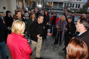 Island County Sheriff's Office spokesman Detective Ed Wallace briefs reporters before the start of Colton Harris-Moore's sentencing hearing in Island County Superior Court Friday.