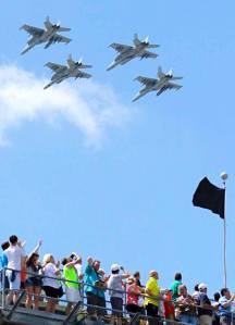 Growlers from Naval Air Station do a flyover at Indianapolis 500 Motor Speedway just before the start of the race Sunday.