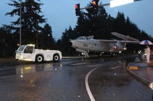 An A-3 Skywarrior is moved early this morning to its new home outside Langley Gate at Whidbey Island Naval Air Station.