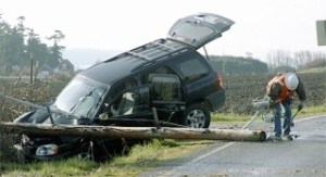 A Puget Sound Energy employee clears power lines from an accident Friday morning that toppled a power pole at the intersection of Fort Casey Road and Field View Lane near Coupeville.