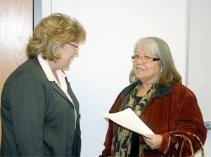 Coupeville Mayor Nancy Conard talks with Swinomish Tribal Community vice chair Barbara James during Tuesday’s Town Council meeting. The Swinomish community is working with several Coupeville-based groups to name a ferry slated to serve the Port Townsend to Keystone route the Squi Qui.