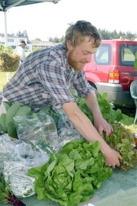 Damon Gibson of Five-Acre Farm stocks his booth Saturday at the Coupeville Farmer’s Market.