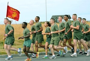 Col. Bradley Close leads a croup of Marines as they approach the finish line at last year’s fifth annual Maj. Megan McClung Memorial Run