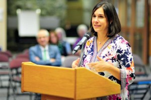Ana Maria Schlect answers interview questions from the Oak Harbor School Board during the selection process.