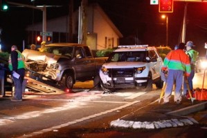 Three people sustained minor injury in a collision involving a Washington State Patrol vehicle and a pickup in Oak Harbor Wednesday night.
