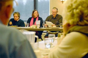 Island County Commissioner Jill Johnson is introduced by Rufus Rose at the Old Goats-Fully Informed Voters at the Useless Bay Golf and Country Club on South Whidbey Friday.