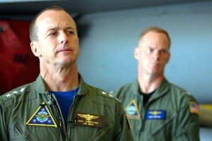 Commander of U.S. Naval Air Forces Vice Admiral Mike Shoemaker visited NAS Whidbey Wednesday. Behind him is base commander Capt. Mike Nortier.