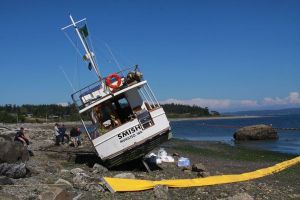 A 32-foot fishing vessel is grounded near Monroe's Landing in Penn Cove Tuesday afternoon.