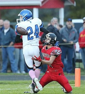 Hunter Smith makes a one-handed catch for Coupeville's touchdown even though pass interferenced called on Chimacum's Ryan Caldwell.